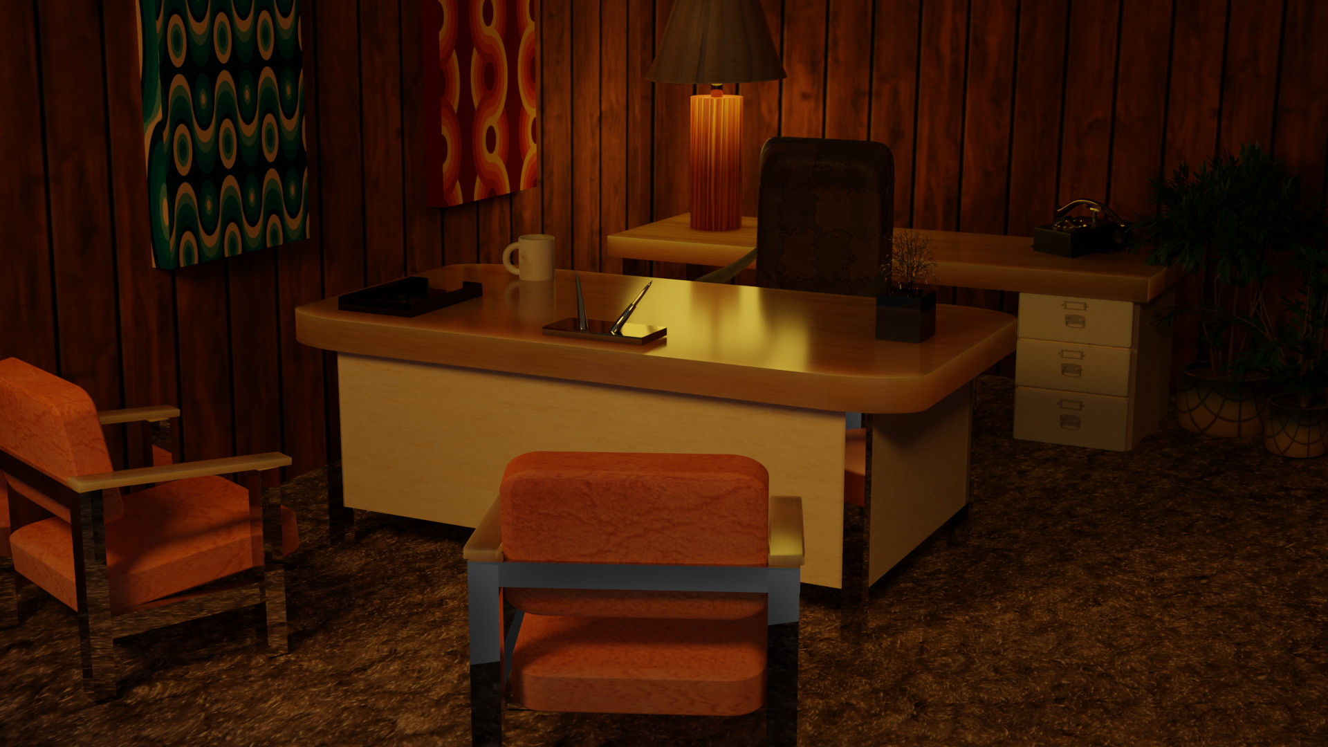 a 3d render of an office room with dark wood paneling, a desk with a brown leather office chair on one side and two orange leather chairs on the other. Brown carpet. Meant to look like a 70s office 
